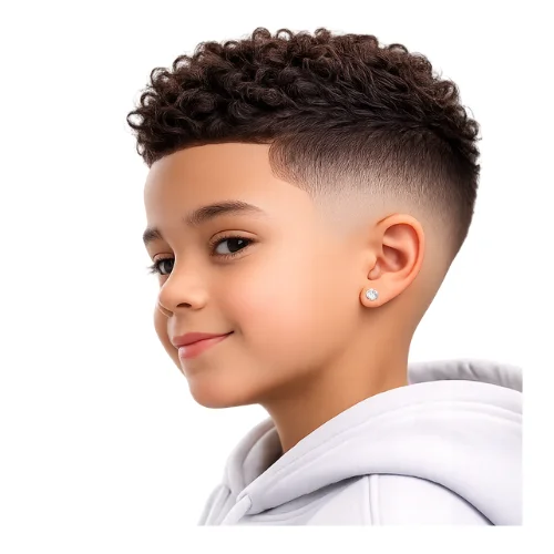 Young boy with curly hair on top and a clean low taper fade blending smoothly around the ears and neckline for a neat stylish look.