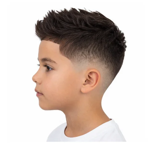 Young boy with a stylish low taper fade haircut featuring a neat top and smoothly blended sides around the ears and neckline.