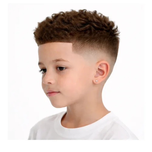 Young boy with a textured top and a clean low taper fade blending smoothly around the ears and neckline for a modern stylish look.