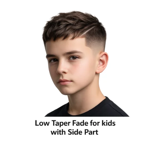 Young boy with a neat side part and a clean low taper fade blending smoothly around the ears and neckline for a polished look.