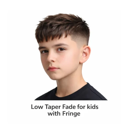 Young boy with a soft fringe on the forehead and a clean low taper fade blending smoothly around the ears and neckline.