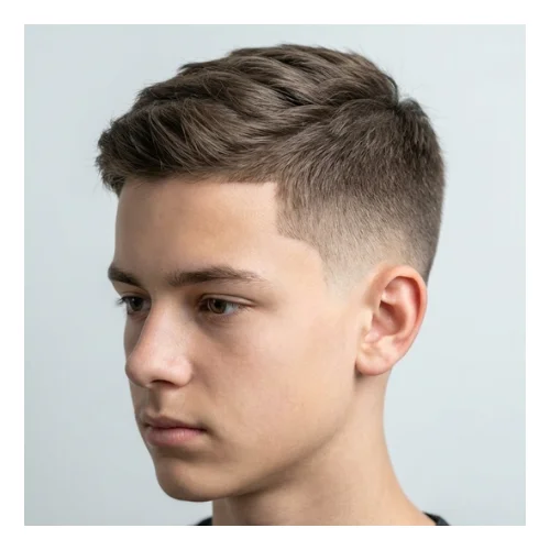 Low taper fade haircut for kids with design, featuring clean faded sides and a stylish shaved pattern for a trendy look