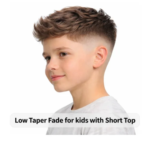 Low taper fade haircut for kids with short top, featuring clean faded sides and a neat short length on top for an easy everyday style