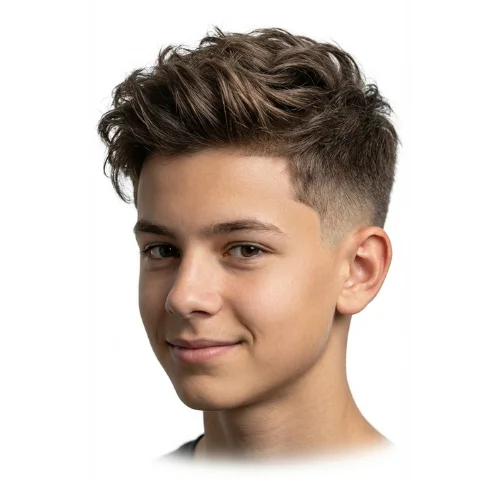 Low taper fade haircut for kids with long top, featuring clean faded sides and longer textured hair on top for a stylish look