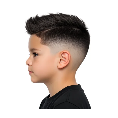 Low taper fade haircut for kids with undercut, featuring clean faded sides and a disconnected longer top for a bold modern look