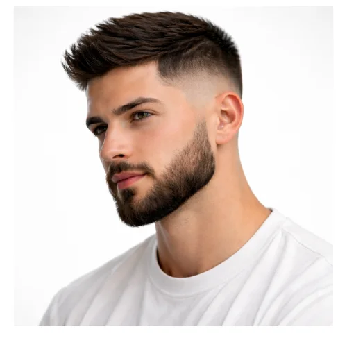 Man with a classic low taper haircut and beard, featuring a subtle gradual taper on the sides with a neatly groomed full beard.