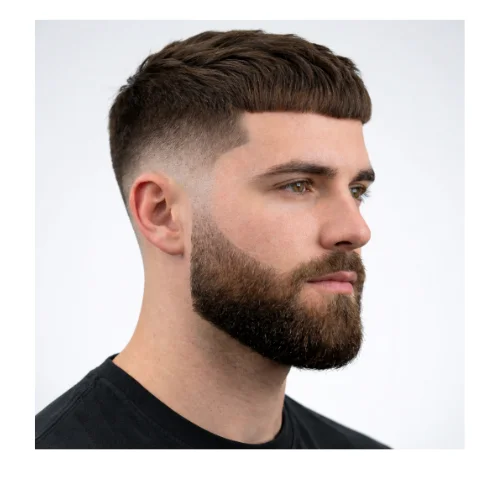 Man with a low taper haircut and beard fade, featuring a smooth transition from hair into a well-blended faded beard.
