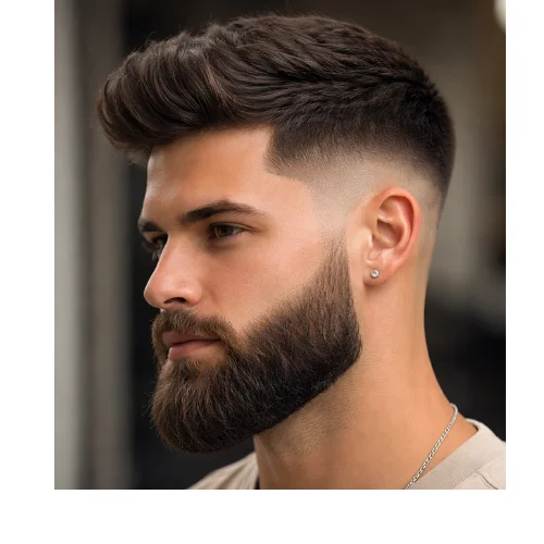 Man with a low taper fade and full beard, featuring a clean gradual fade on the sides with a thick, well-groomed full beard.