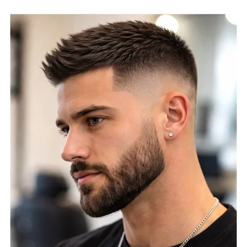 Man with a low taper fade and short hair with beard, featuring a clean gradual fade on the sides with neatly trimmed short hair on top and a well-groomed beard.