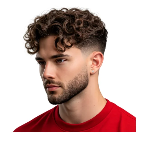 Man with a low taper fade and curly hair with beard, featuring defined curls on top with a clean gradual fade on the sides and a well-groomed beard.