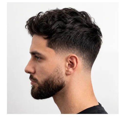 Man with a low taper fade and thick beard, featuring a clean gradual fade on the sides with a dense, full beard.