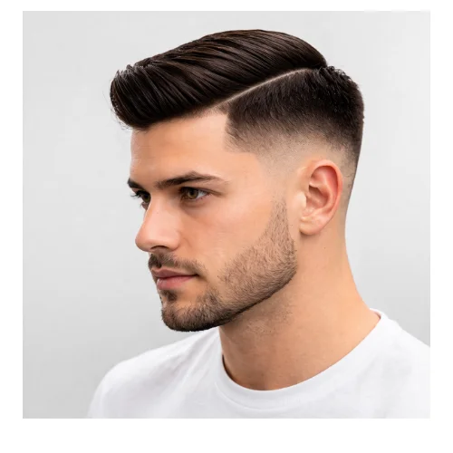 Side view of a man with a low taper fade and stubble beard, featuring a clean gradual fade on the sides with a light, well-groomed stubble.
