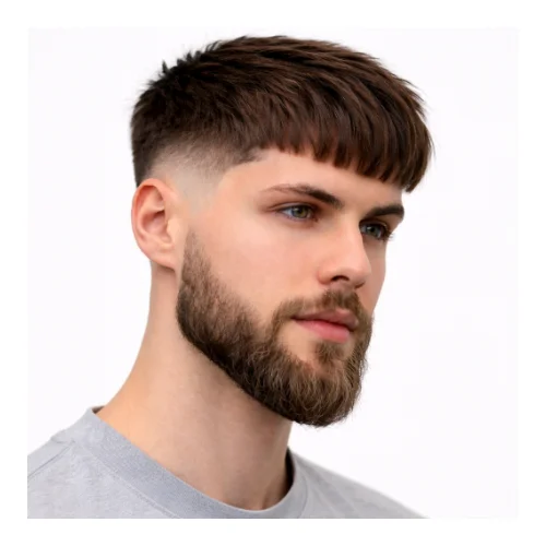 Side view of a man with a low taper fade and long beard, featuring a clean gradual fade on the sides with a long, full, well-groomed beard.