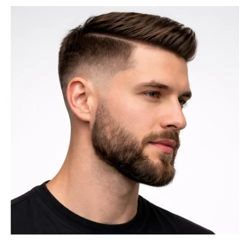 Side view of a man with a Low taper fade, side part hairstyle, and beard, featuring a clean fade on the sides with neatly parted hair on top.