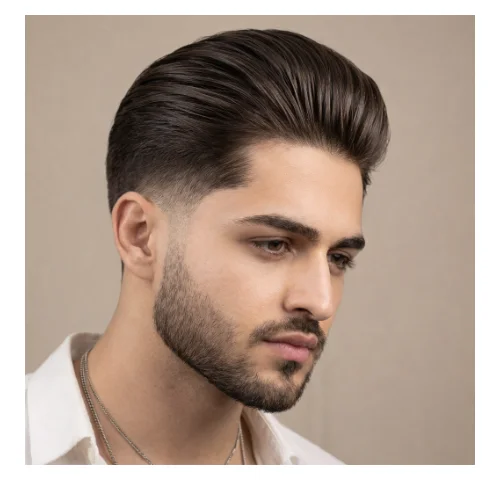 Side view of low taper fade with beard and slick back hairstyle for men