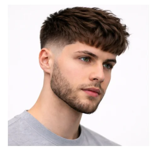 side view of Low taper fade with beard and wavy hair hairstyle for men clean modern look