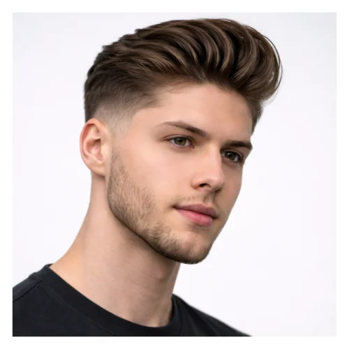 Side view low taper fade with beard and pompadour hairstyle for men clean stylish look
