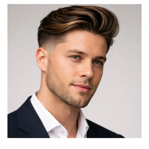 Low taper fade with beard and highlighted hair for men modern stylish haircut look