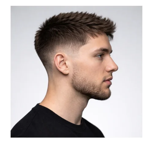 side view of a Low taper fade with beard and short top hairstyle for men clean simple modern look