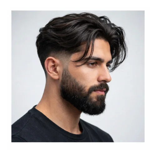 Low taper fade with beard and long top hairstyle for men modern clean stylish look