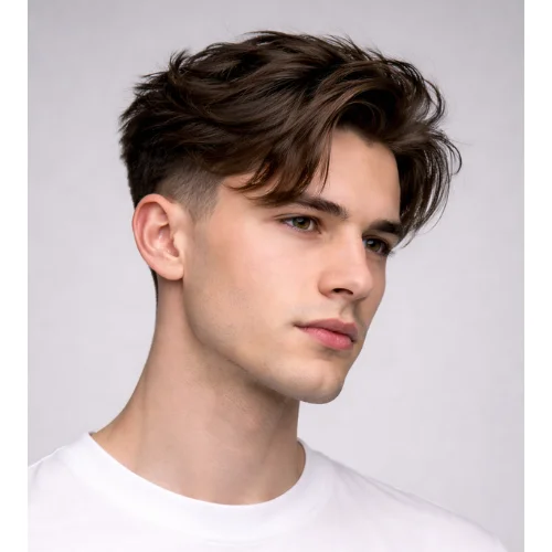 Low taper fade with textured top hairstyle featuring layered, choppy texture on top, natural volume, and a clean low taper fade on the sides and neckline for a modern stylish look
