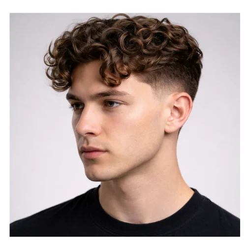 Low taper fade with curly hair hairstyle featuring natural defined curls on top, soft volume, and a clean low taper fade on the sides and neckline for a fresh, modern appearance