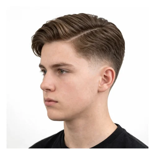 Low taper fade with side part hairstyle featuring a defined side part, smooth combed top, and gradually tapered sides for a clean and polished look