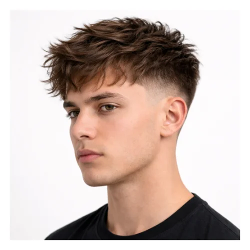 Low taper fade with messy layers featuring textured, tousled layers on top and smoothly tapered sides for a relaxed yet stylish look