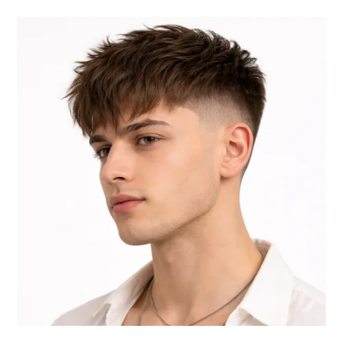 Low taper fade with fringe hairstyle featuring a forward-falling fringe, soft textured top, and clean low tapered sides for a modern and balanced look