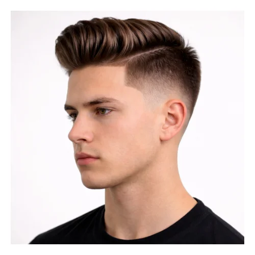 Mid taper fade with pompadour featuring voluminous swept-back hair on top, structured height, and clean mid-level tapered sides for a sharp and classic look