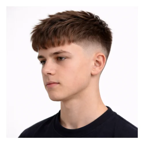 Mid taper fade with textured crop hairstyle featuring short choppy layers on top, natural texture, and clean mid taper sides for a modern, low-maintenance look