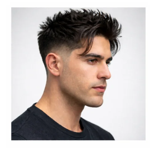 Mid taper fade with spiky hair hairstyle featuring short spiked texture on top, defined separation, and clean mid taper fade on the sides for a bold, youthful look