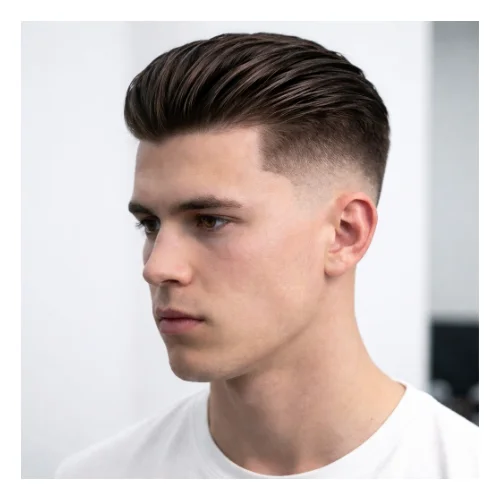 Mid taper fade with slick back hairstyle featuring smoothly combed back hair on top, medium volume, and clean mid taper fade on the sides for a sharp, professional look