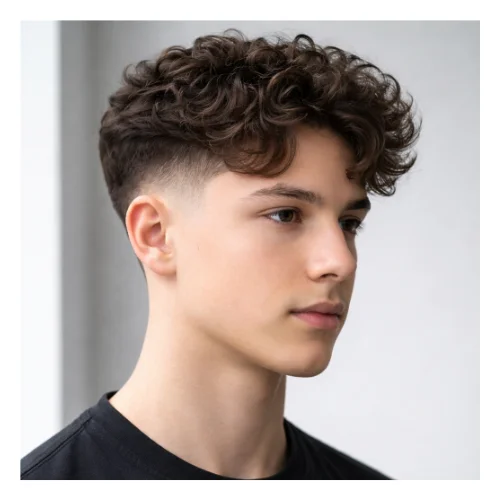 Mid taper fade with curly top hairstyle featuring natural defined curls on top, balanced volume, and clean mid taper fade on the sides for a fresh modern look