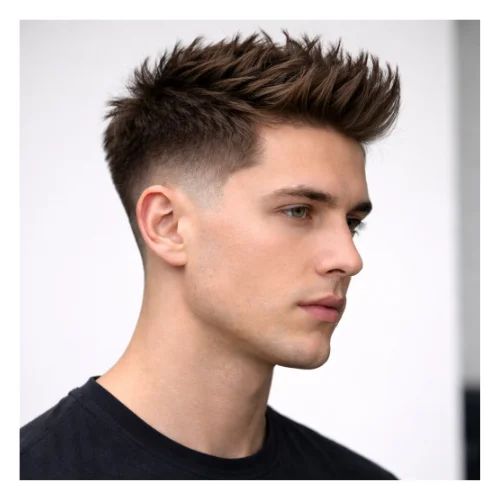 Side view of mid taper fade with textured top hairstyle featuring layered texture on top, natural volume, and a clean mid taper fade blending smoothly along the sides and neckline