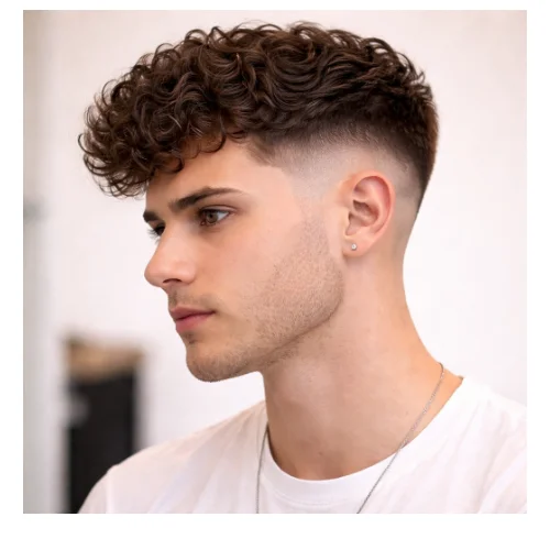 Side view of mid taper fade with curly hair hairstyle featuring defined natural curls on top, balanced volume, and a smooth mid taper fade blending cleanly along the sides and neckline
