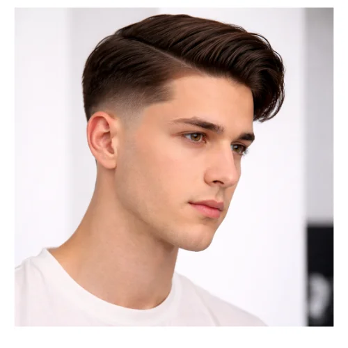Side view of mid taper fade with side part hairstyle featuring a defined side part, neatly combed top, and a smooth mid taper fade blending cleanly along the sides and neckline for a polished look