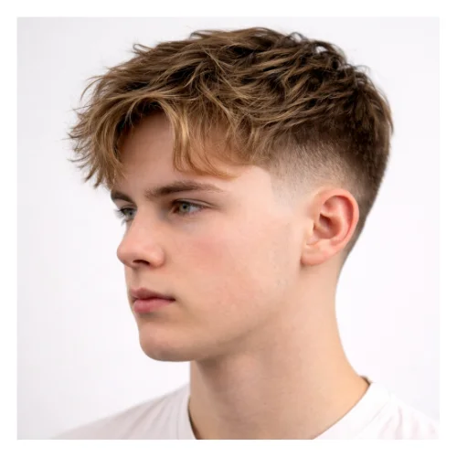 Side view of mid taper fade with messy layers hairstyle featuring tousled layered texture on top, natural movement, and a clean mid taper fade blending smoothly along the sides and neckline for a relaxed modern look