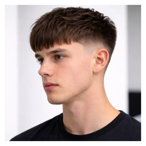 Side view of mid taper fade with fringe hairstyle featuring a forward-falling fringe, soft textured top, and a clean mid taper fade blending smoothly along the sides and neckline for a modern balanced look