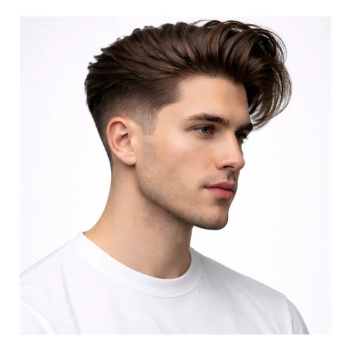 Side view of high taper fade with pompadour hairstyle featuring voluminous swept-back hair on top, strong height and structure, and a high taper fade blending sharply along the sides and neckline for a bold, clean look