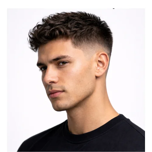 Side view of high taper fade with textured crop hairstyle featuring short choppy layers on top, natural texture, and a high taper fade blending sharply along the sides and neckline for a clean modern look