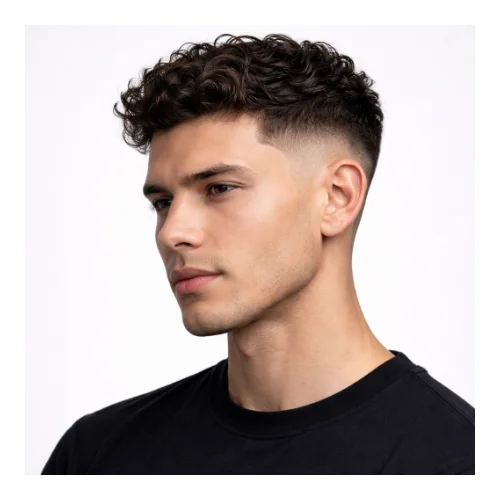 Side view of high taper fade with curly top hairstyle featuring defined natural curls on top, balanced volume, and a high taper fade blending sharply along the sides and neckline for a bold modern look
