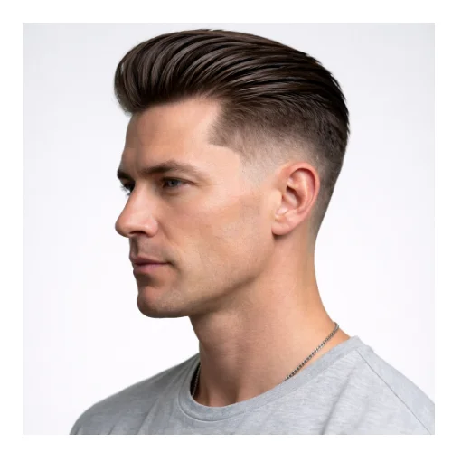 Side view of high taper fade with slick back hairstyle featuring smoothly combed back hair on top, structured volume, and a sharp high taper fade blending cleanly along the sides and neckline for a polished look