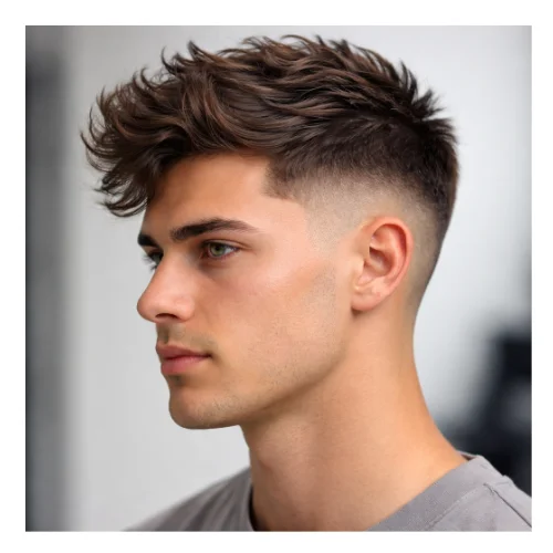 Side view of high taper fade with spiky hair hairstyle featuring short spiked texture on top, defined separation, and a sharp high taper fade blending cleanly along the sides and neckline for a bold modern look
