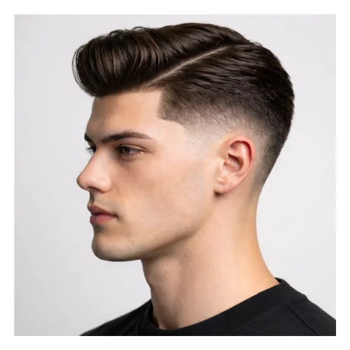 Low taper fade modern haircut with side part, featuring a clean defined part and neatly faded sides for a polished contemporary look