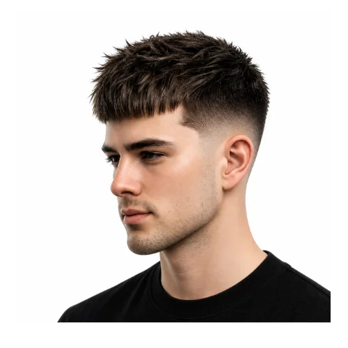 Classic low taper fade with spiky hair on top, featuring clean faded sides and sharp spikes for a timeless modern look