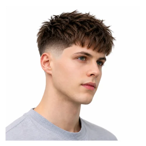 Low taper fade with messy spiky hair, featuring a tousled textured top and clean faded sides for a relaxed style