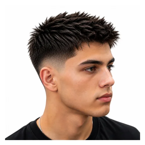 Low taper fade with short spiky hair, featuring neat spikes and clean faded sides for an easy modern look