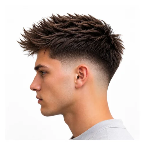 Low taper fade with long spiky hair on top, featuring extended spikes and clean faded sides for a bold look