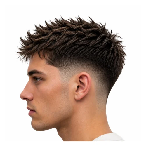 Low taper fade with textured spiky hair, featuring layered spikes and clean faded sides for a modern finish
